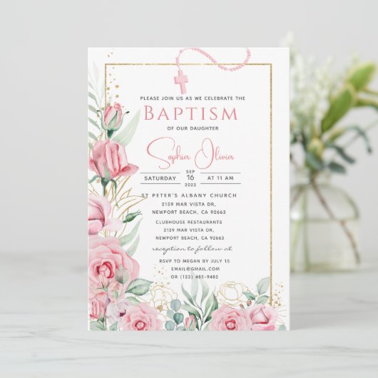 Roze Roses Baptism Girl Invitation Kaart (Staand voorkant)
