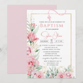 Roze Roses Baptism Girl Invitation Kaart (Voorkant / Achterkant)