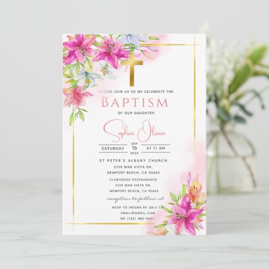 Roze Roses Baptism Girl Invitation Kaart (Staand voorkant)