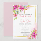 Roze Roses Baptism Girl Invitation Kaart (Voorkant / Achterkant)