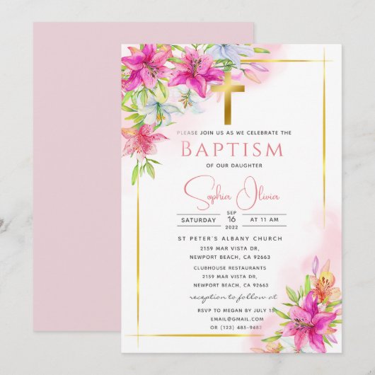 Roze Roses Baptism Girl Invitation Kaart (Voorkant / Achterkant)