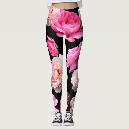 Roze Roses Black Athleisure Yoga Pants Leggings (Voorkant)