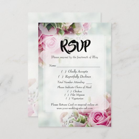 Roze Roses Bold Script Wedding RSVP Enclosure Kaar (Voorkant / Achterkant)
