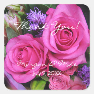 Roze Roses Bouquet, DIY Names & Date Vierkante Sticker