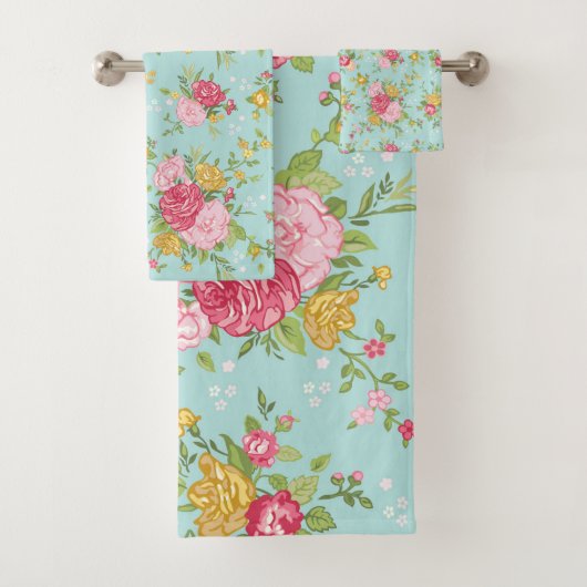 roze Roses Bouquet Floral Pattern Aqua Bad Handdoek (Insitu)