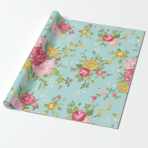  roze Roses Bouquet Floral Pattern Blauwgroen Cadeaupapier