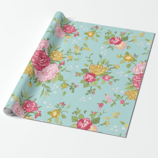 roze Roses Bouquet Floral Pattern Blauwgroen Cadeaupapier (Uitgerold)