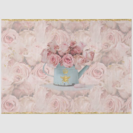 Roze Roses Bouquet Gold Bee Crown Blue-ontkoppelin Tissuepapier (Voorkant)