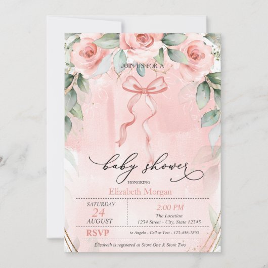 Roze Roses Bow Baby shower Kaart (Voorkant)