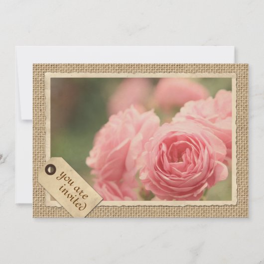 Roze Roses Burlap Label Lijst Kaart (Voorkant)