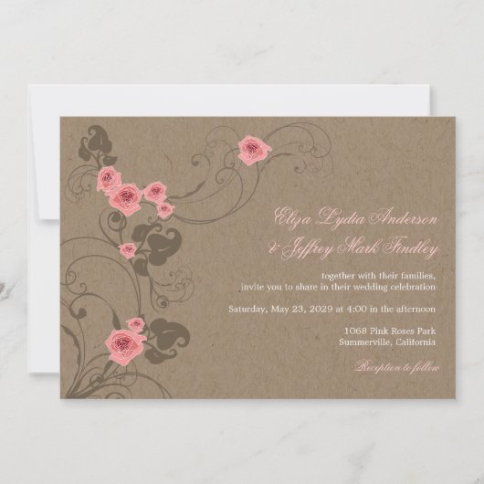 Roze Roses Chic Floral Kraft Rustic Wedding Invite Kaart (Voorkant)