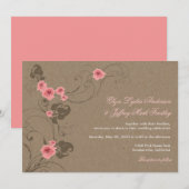 Roze Roses Chic Floral Kraft Rustic Wedding Invite Kaart (Voorkant / Achterkant)