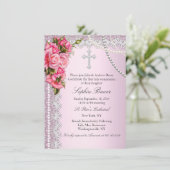 Roze Roses Cross Heilige Communie of Baptisme Kaart (Staand voorkant)