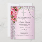 Roze Roses Cross Heilige Communie of Baptisme Kaart (Voorkant)