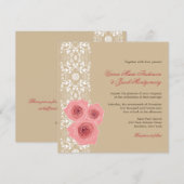 Roze Roses Damask Lace Wedding Invite & Reception Kaart (Voorkant / Achterkant)