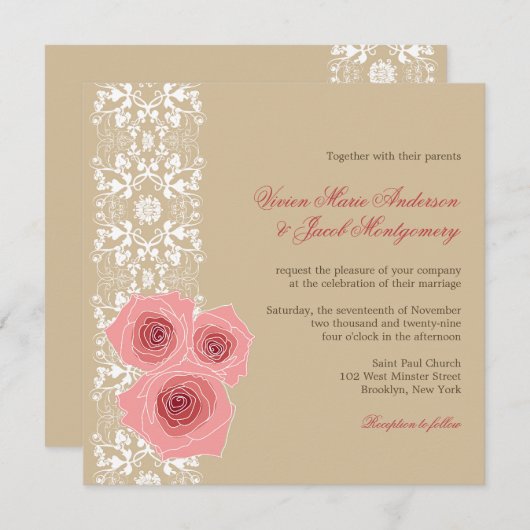 Roze Roses Damask Lace Wedding Invite & Reception Kaart (Voorkant / Achterkant)