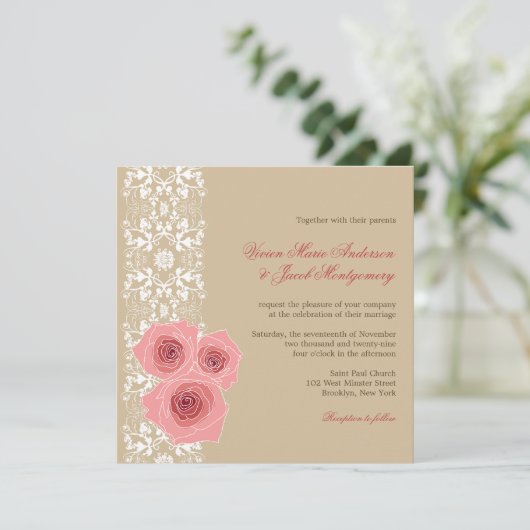Roze Roses Damask Lace Wedding Invite & Reception Kaart (Staand voorkant)