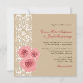 Roze Roses Damask Lace Wedding Invite & Reception Kaart (Voorkant)