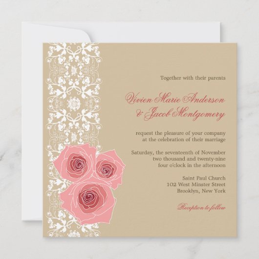 Roze Roses Damask Lace Wedding Invite & Reception Kaart (Voorkant)