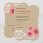 Roze Roses Damask Lace Wedding Invite & Reception Kaart (Voorkant / Achterkant)