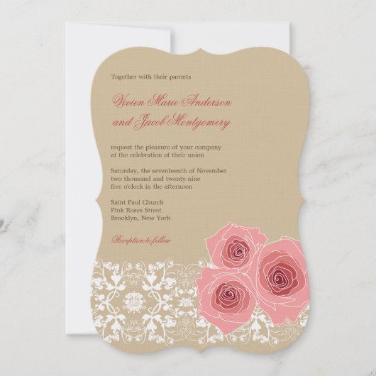 Roze Roses Damask Lace Wedding Invite & Reception Kaart (Voorkant)