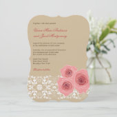 Roze Roses Damask Lace Wedding Invite & Reception Kaart (Staand voorkant)