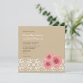 Roze Roses Damask Lace Wedding Invite & Reception Kaart (Staand voorkant)
