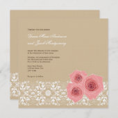 Roze Roses Damask Lace Wedding Invite & Reception Kaart (Voorkant / Achterkant)