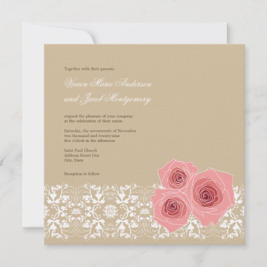 Roze Roses Damask Lace Wedding Invite & Reception Kaart (Voorkant)
