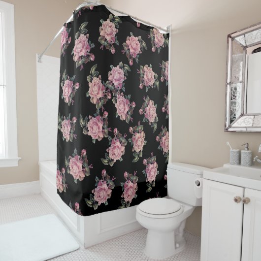 Roze Roses Dark Floral Pattern Shabby Chic Douchegordijn (In situ)
