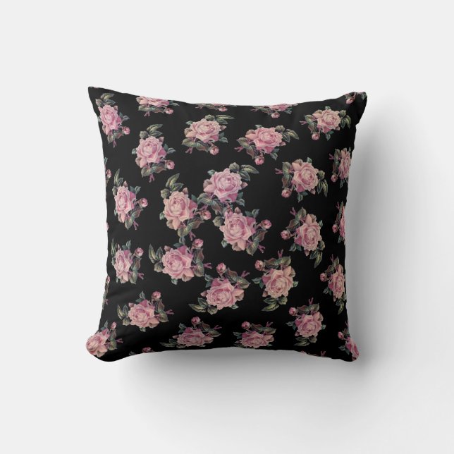 Roze Roses Dark Floral Pattern Shabby Chic Kussen (Voorkant)