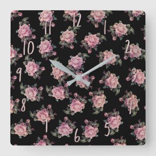 Roze Roses Dark Floral Pattern Shabby Chic Vierkante Klok