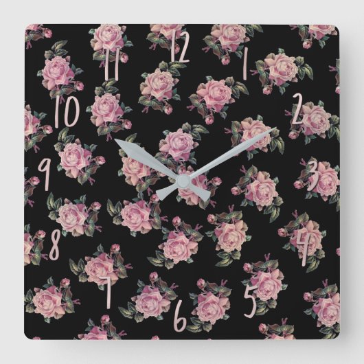 Roze Roses Dark Floral Pattern Shabby Chic Vierkante Klok (Voorkant)