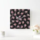 Roze Roses Dark Floral Pattern Shabby Chic Vierkante Klok (Huis)