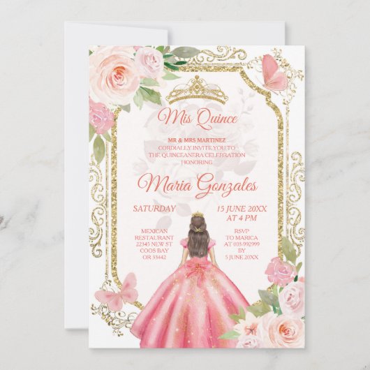 Roze Roses & Dress Charra Mis Quince Uitnodiging (Voorkant)