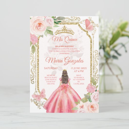 Roze Roses & Dress Charra Mis Quince Uitnodiging (Staand voorkant)