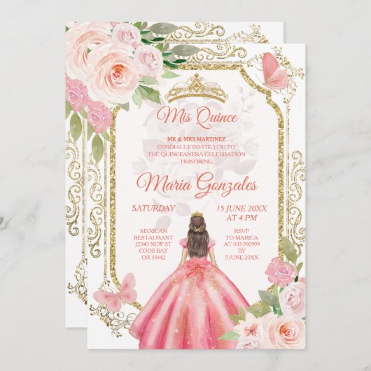 Roze Roses & Dress Charra Mis Quince Uitnodiging (Voorkant / Achterkant)