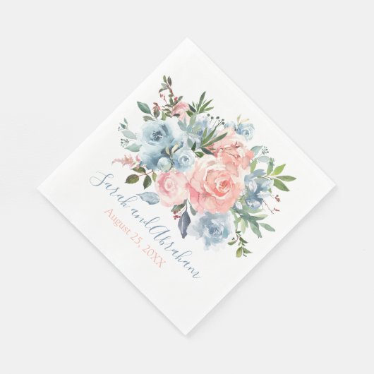 Roze Roses Dusty Blue Floral Wedding Paper Napkins Servet (Hoek)