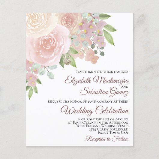 Roze Roses Elegant Boho PAPER Wedding Invite Flyer (Voorkant)