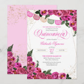 Roze Roses Elegant Fiesta Floral Quinceañera Kaart (Voorkant / Achterkant)