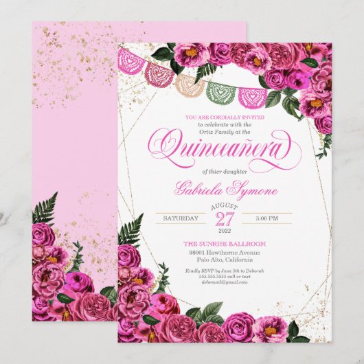 Roze Roses Elegant Fiesta Floral Quinceañera Kaart (Voorkant / Achterkant)