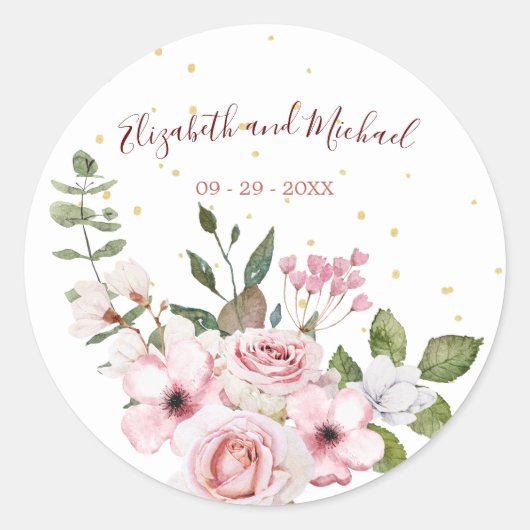 Roze Roses Elegant Floral Wedding Ronde Sticker (Voorkant)