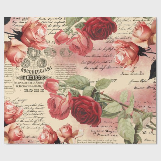 Roze Roses  Ephemera Verpakkingspapier Cadeaupapier (Vlak)
