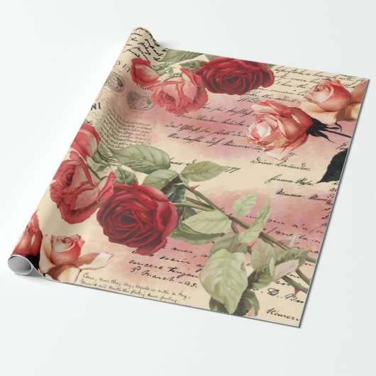 Roze Roses  Ephemera Verpakkingspapier Cadeaupapier (Uitgerold)