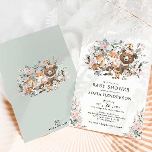 Roze Roses Eucalyptus Woodland Animals Baby shower Kaart