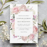 Roze Roses Feminine Floral Wedding Invitation Kaart<br><div class="desc">Onweerstaanbare roze rozen en gemengde tuinbloei met sleepbladeren en takken lijsten de randen van deze prachtige vrouwelijk waterverf florale trouwuitnodiging. Gemengde fijne bloemen in roze en wit worden tussen de rozen vermengd door toevoeging van een mooie textuur en aantrekkingskracht. Pas je trouwgegevens aan.</div>