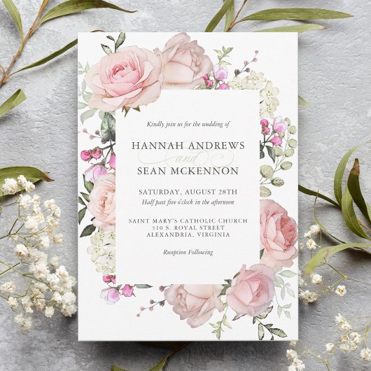 Roze Roses Feminine Floral Wedding Invitation Kaart
