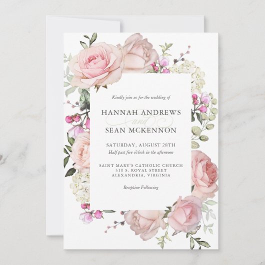 Roze Roses Feminine Floral Wedding Invitation Kaart (Voorkant)