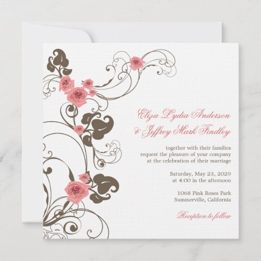 Roze Roses Fleur Elegant Wedding Invite Receptie Kaart (Voorkant)