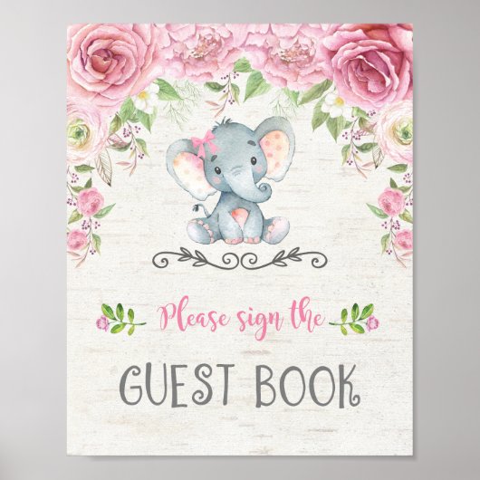 Roze Roses Floral Elephant Baby Guest Book Sign Poster (Voorkant)
